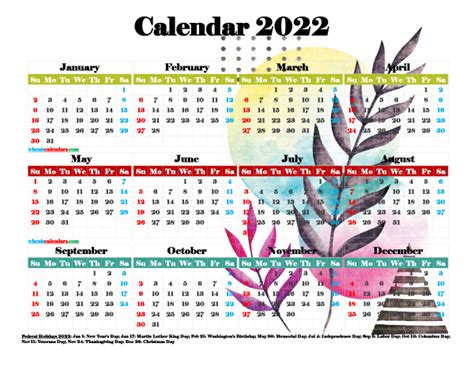Printable 2022 Yearly Calendar With Holidays Premium