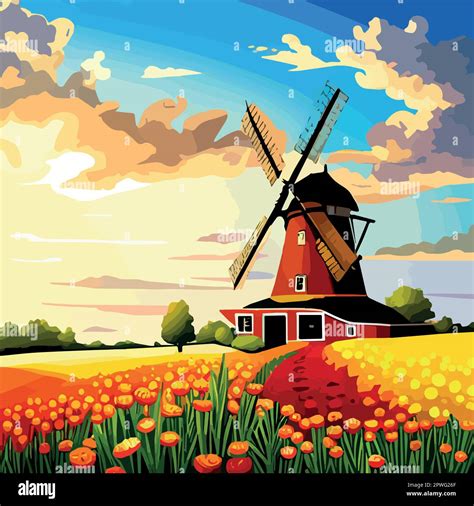 Landscape With Tulips Traditional Dutch Windmills In Netherlands Europe Against The Sky With