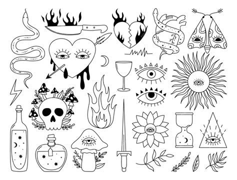 Premium Vector Vector Set Of 70s Psychedelic Tattoo Drawings Outline