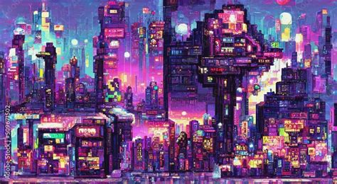 Cyberpunk City Neon Night Retro Futuristic Pixel Art Composition