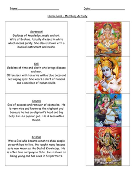 Hindu God Matching Activity By Rachelhwalker Teaching Resources Tes