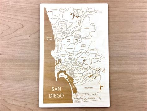 San Diego Map Etched Wood Neighborhood Map San Diego T Etsy