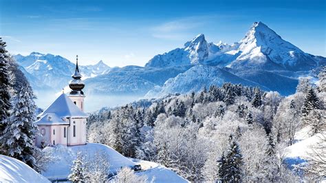 Картинки германия зима горы лес храм бавария альпы снег природа обои 1920x1080