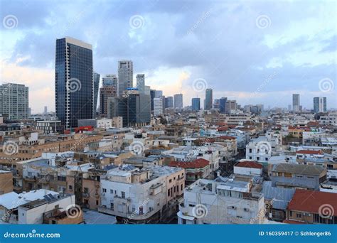 Skyline Panorama Of City Tel Aviv With Urban Skyscrapers In The Evening