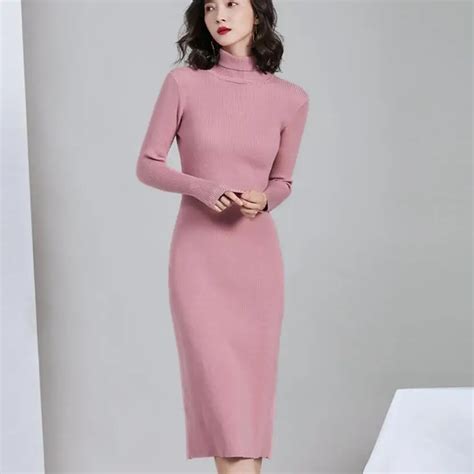 women autumn winter sweater knitted dresses slim elastic turtleneck long sleeve sexy lady pencil