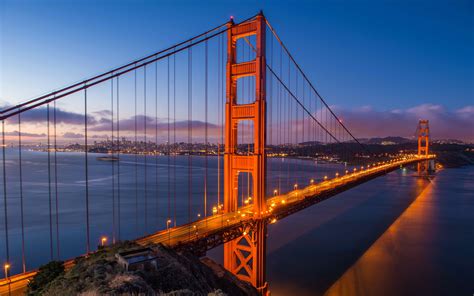 San Francisco Usa Bridge Sunset Golden Gate Bridge Lights