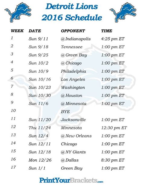 Detroit Lions Schedule Printable