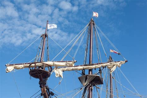 Ship Wooden Mast And Rigging On An Old Galleon Navy Vessel Editorial
