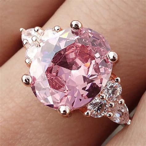 Pink Crystal Cubic Zircon Women Ring Princess Wedding Band Rose Gold