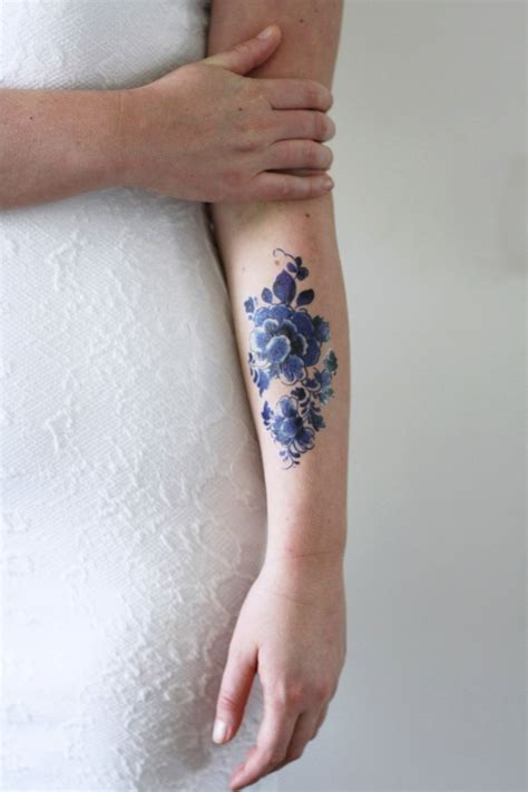 Large Floral Vintage Dutch Delfts Blauw Temporary Tattoo Temporary