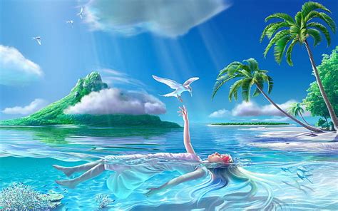 X Px Free Download HD Wallpaper Ocean Paradise Islands Palm Trees Anime Girls