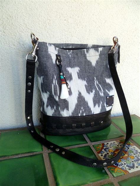 Black Leather And Ikat Fabric Oval Bottom Bucket Bag One Of A Etsy