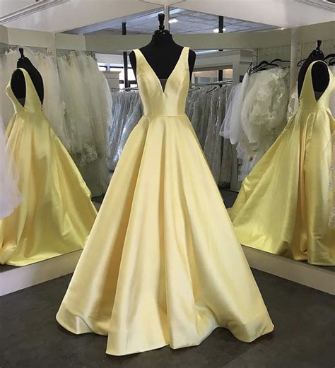 Yellow V Neck Satin Long Prom Dress Yellow Evening Dress · Dress Idea