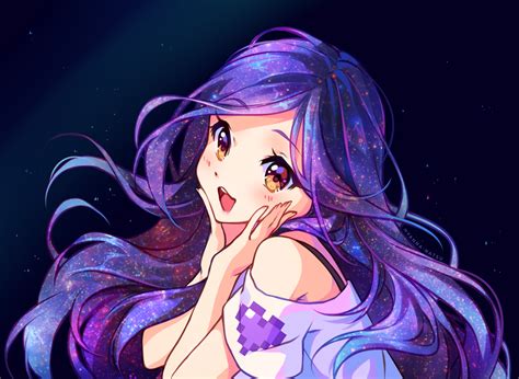 Blush Brown Eyes Hyanna Natsu Long Hair Original Purple Hair Space Stars Watermark Konachan