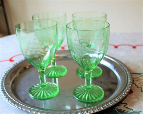 gorgeous green depression glass wine water glasses vintage green etched stemware 4 piece