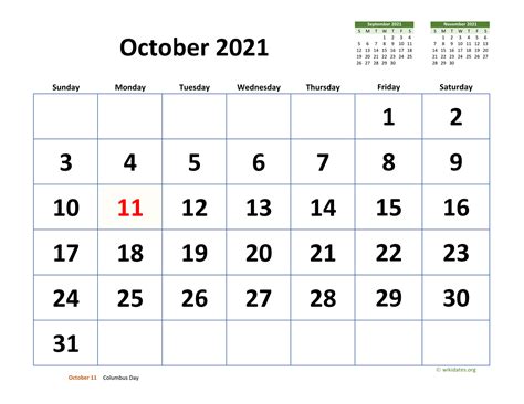 October 2021 Calendar With Extra Large Dates