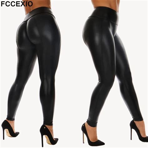 Fccexio Newest Black Pu Legging Shiny Bling Faux Patent Leather Stretch Elastic Leggings High