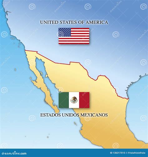 Usa And Mexico Border Map With National Flags Stock Vector
