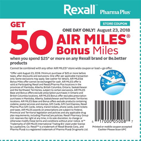 Rexall Pharma Plus Drugstore Canada Coupon Get 50 Bonus Air Miles When