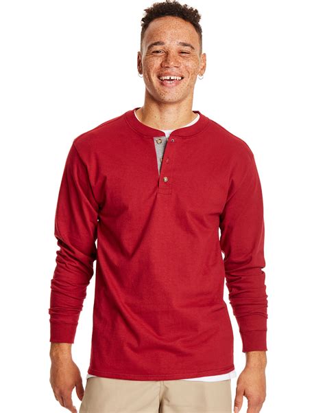 Hanes Mens Long Sleeve Henley Shirt Beefy T Pure Cotton 3 Button S 3xl