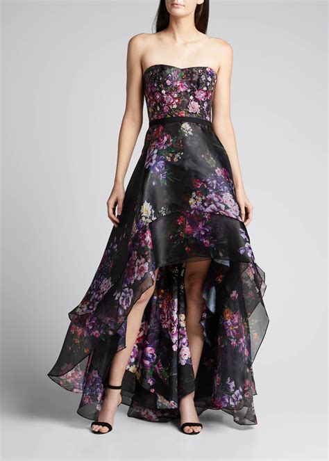 Marchesa Notte Strapless Floral-Print Organza High-Low Gown - Bergdorf