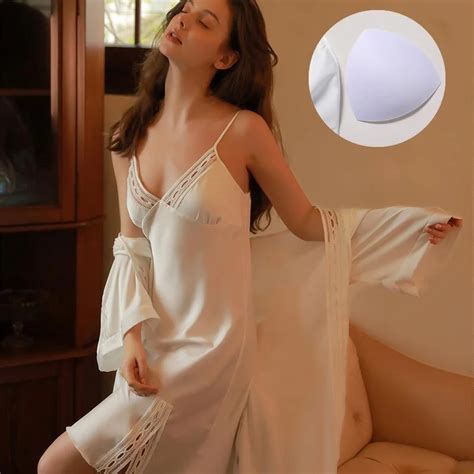 Lisacmvpnel Spring And Summer Lace Sexy Women Robe Set With Breast Pad Ice Silk Two Piece Suit