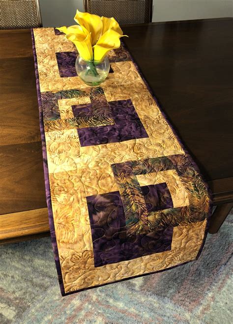 Plum And Gold Quilted Tablerunner Modern Batik Table Runner Handmade