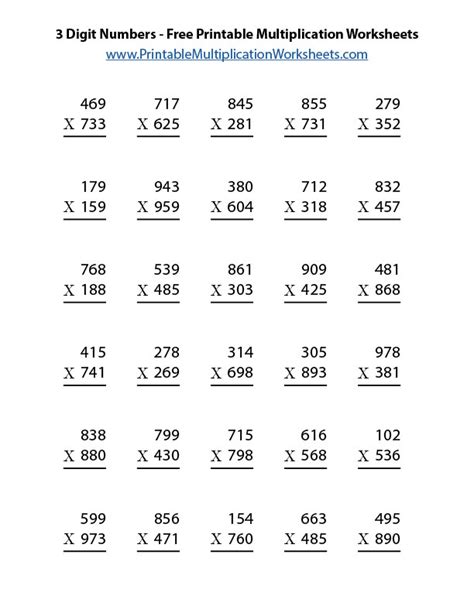 3 Digit Numbers Free Printable Multiplication Worksheets