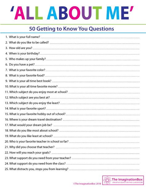 Free All About Me Activity 50 Get To Know You Questions About Me