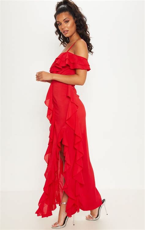 Red Cold Shoulder Ruffle Detail Maxi Dress Red Dress Maxi Salsa