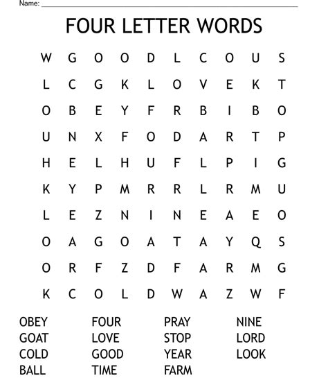 Four Letter Words Word Search Wordmint