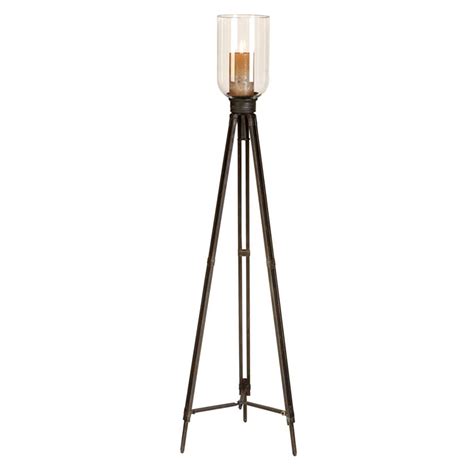Antiqued Tripod Floor Standing Pillar Candle Holder With Clear Glass