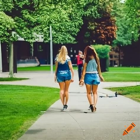 College Women Walking Across Campus On A Sunny Day