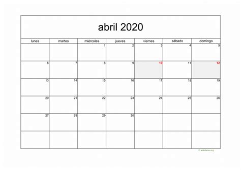 Calendario Abril 2020