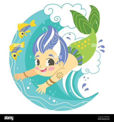 Cute Cartoon Mermaid Boy Jumping On A Waves Vector Cartoon