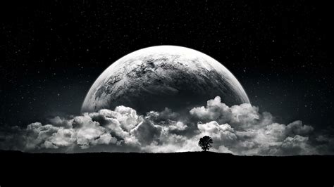 planet, Moon, Clouds, Stars, Night, Black, White Wallpapers HD