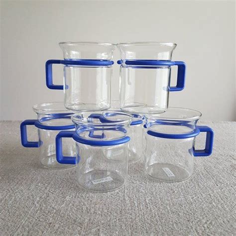 Set Of 6 Vintage Bodum Glass Coffee Cups W Blue Plastic Etsy Glass