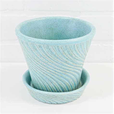 Vintage Mccoy Pottery Blue Swirl Flower Pot With Attached Etsy
