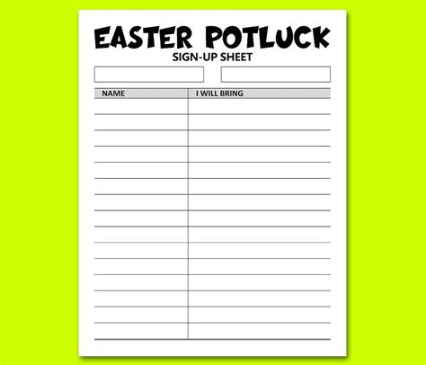 Easter Potluck Sign Up Sheet Printable Signup Form For Etsyde