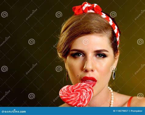 Woman Eating Lollipops Girl In Pin Up Style Hold Striped Candy Stock Image Image Of Retro