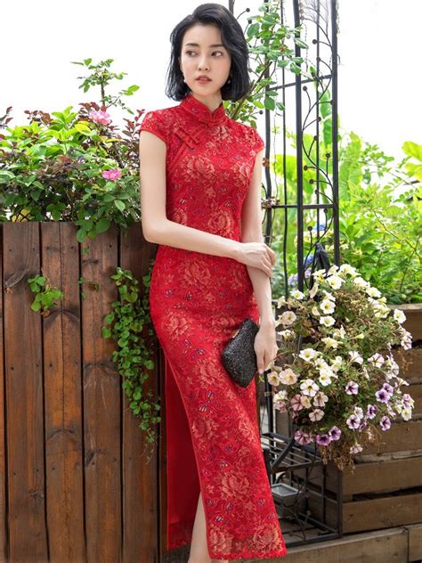 Red Lace Long Qipao Cheongsam Party Dress With Sequined Butterfly CozyLadyWear