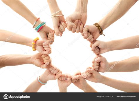 People putting hands together as symbol of unity — Stock Photo ...