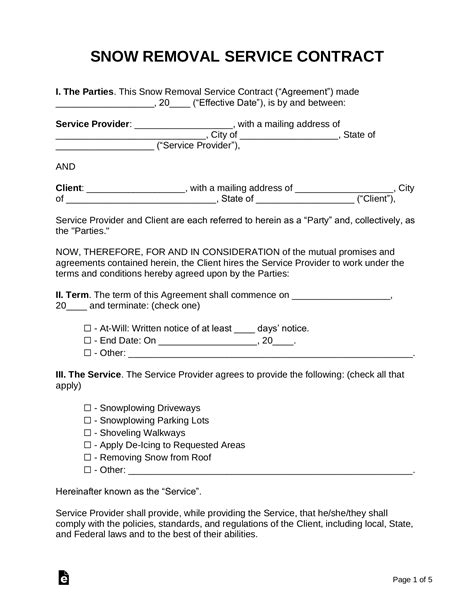 Free Printable Simple Snow Removal Contract Template
