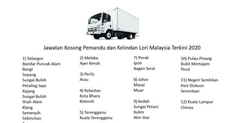 Jawatan kosong pemandu lori location: Jawatan Kosong Pemandu dan Kelindan Lori Malaysia Terkini 2020