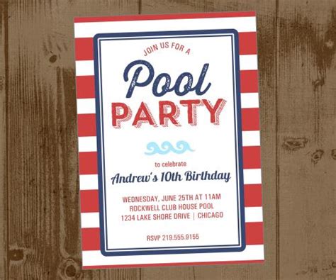 Red Cabana Stripe Pool Party Printable Invite Red And Navy Blue The