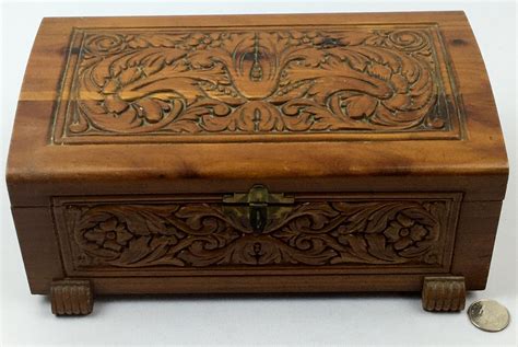 Lot Vintage Lined Cedar Wood Carved Trinket Box W Handles