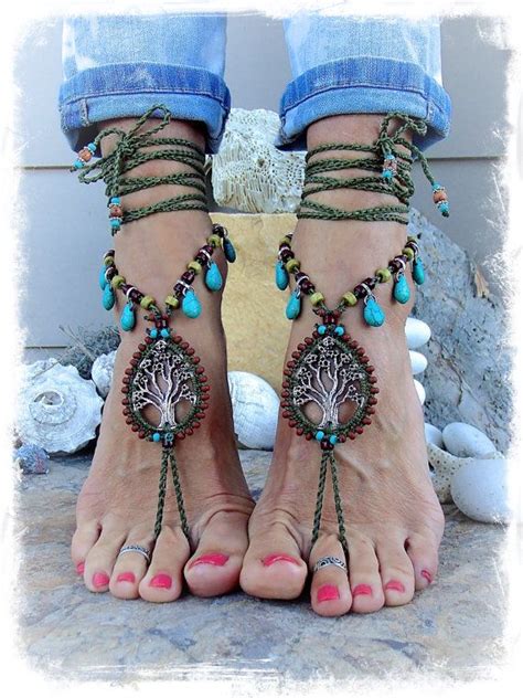 Beaded Ancient Tree Barefoot Jewelry Turquoise Leaf Olive Green Foot