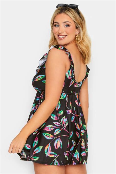 Yours Curve Plus Size Black Tropical Print Frill Swimdress Yours Clothing