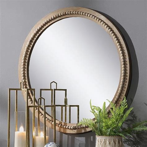 Round Beaded Wood Accent Mirror Farmhouse Mirrors Wood Accents
