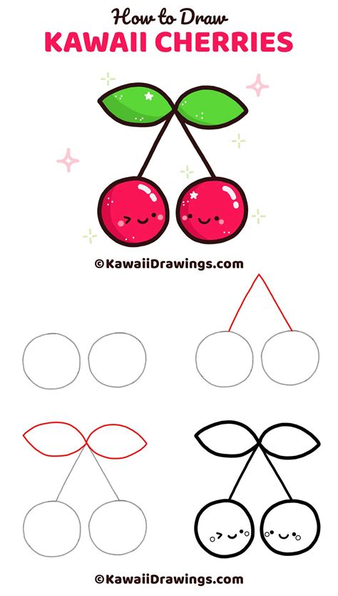 Step By Step Drawing Tutorial To Draw A Pair Of Sweet Kawaii Cherries
